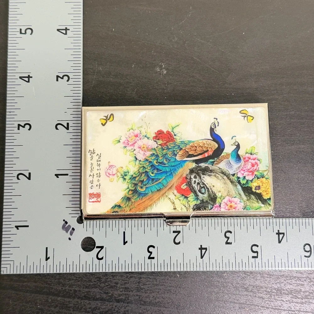 Korean Mother of Pearl Peacock Business Card Holder Case Silver Tone Mirror Box